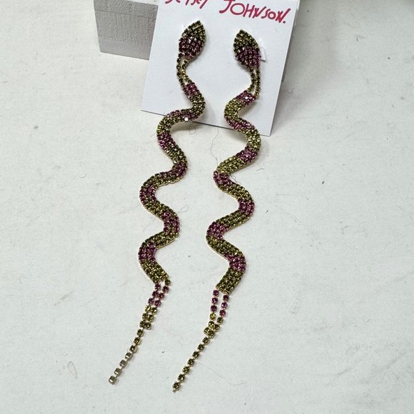 Betsey Johnson Slithering Rhinestone Long Snake Earrings Pink Pierced - Picture 3 of 3